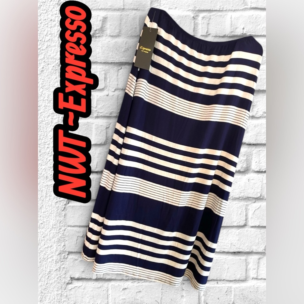 NWT~ by Espresso Striped Navy & White Maxi Skirt Stretchy w elastic waist SZ XL